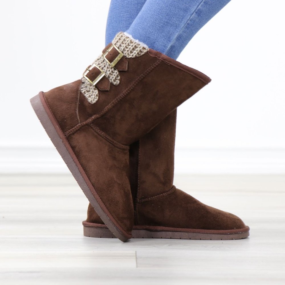 Brown Winter Warm Sherpa Lining Inside  No Heel Mid Calf Flat Boots - Picture 6 of 11
